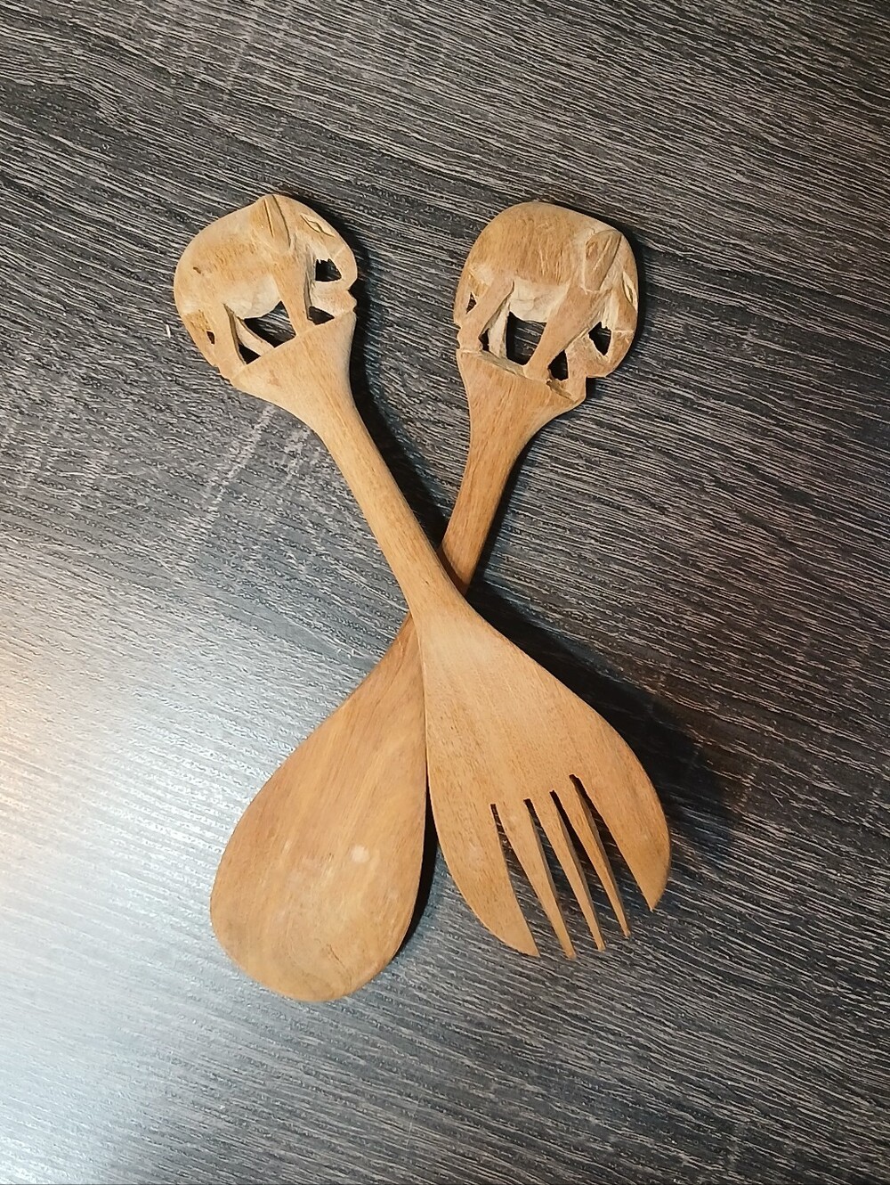 Vintage Handcarved Wood Elephant Figure Salad Fork Spoon Serving Utensils